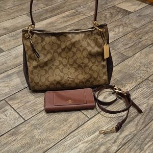 COACH Signature Lexy Shoulder Bag & Matching Wallet Set F58324 Khaki Oxblood